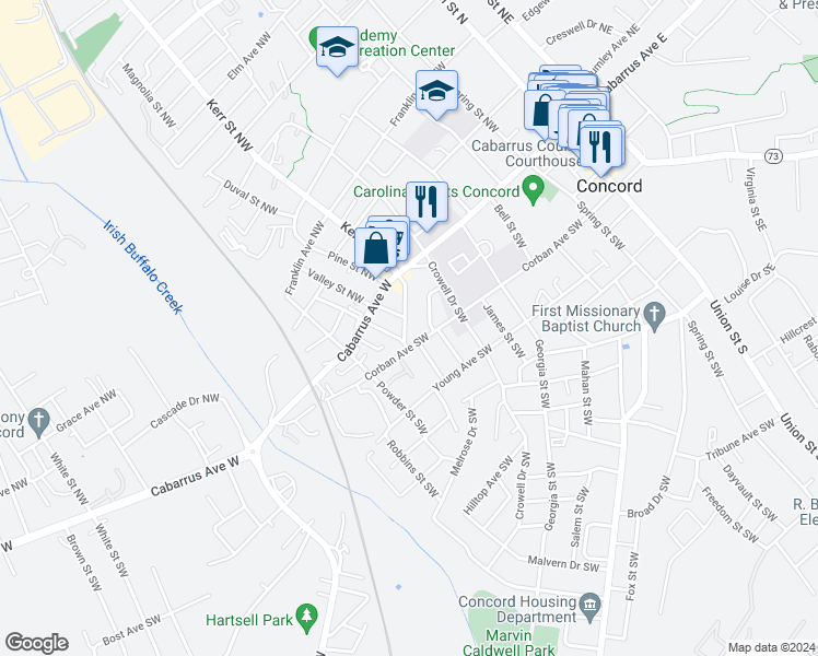map of restaurants, bars, coffee shops, grocery stores, and more near 35 Dorland Avenue Southwest in Concord