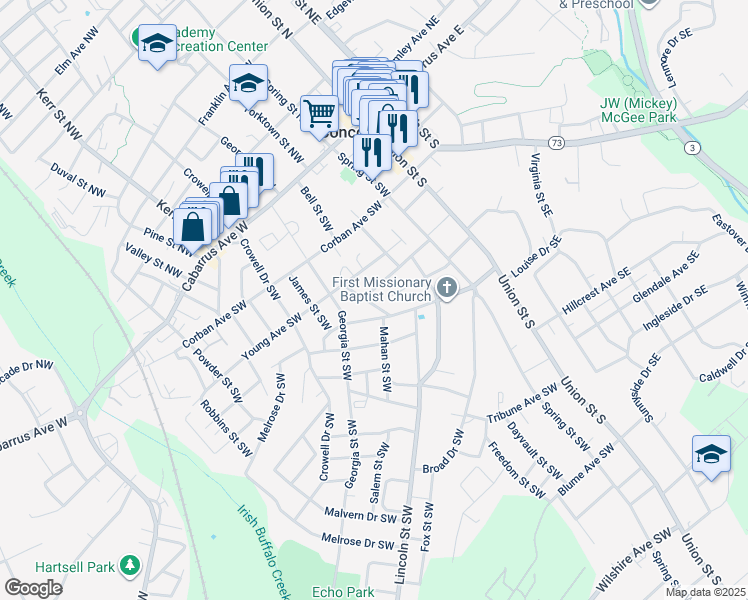 map of restaurants, bars, coffee shops, grocery stores, and more near 125 Lore Street Southwest in Concord