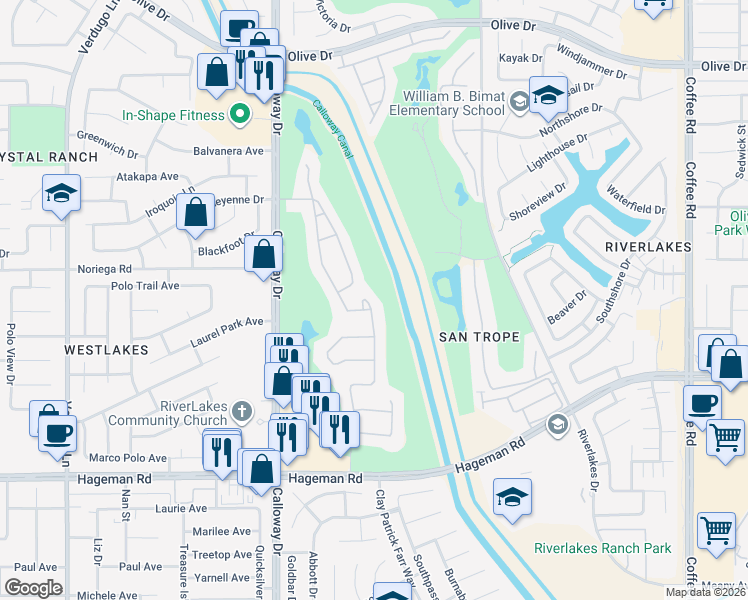 map of restaurants, bars, coffee shops, grocery stores, and more near 4804 Aviara Drive in Bakersfield