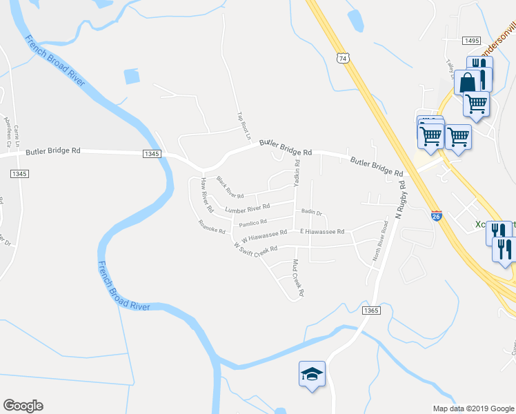 map of restaurants, bars, coffee shops, grocery stores, and more near 138 Lumber River Road in Fletcher