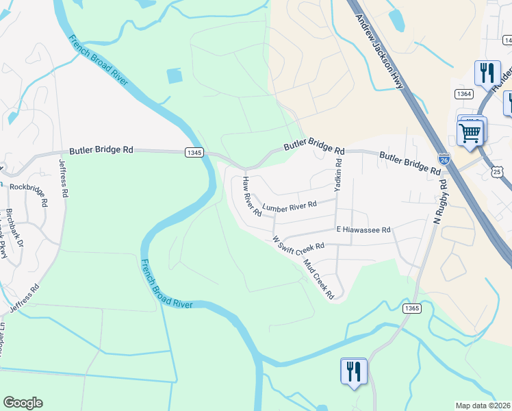 map of restaurants, bars, coffee shops, grocery stores, and more near 110 Haw River Road in Fletcher