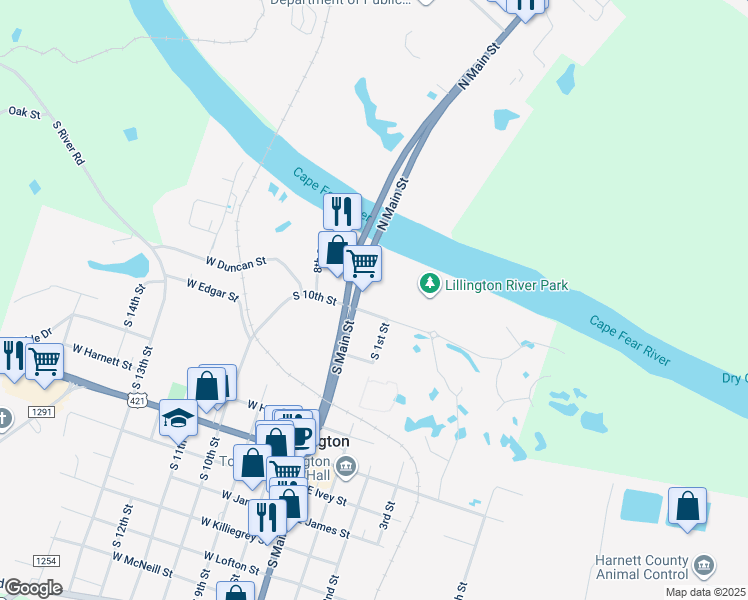 map of restaurants, bars, coffee shops, grocery stores, and more near 7 East Duncan Street in Lillington