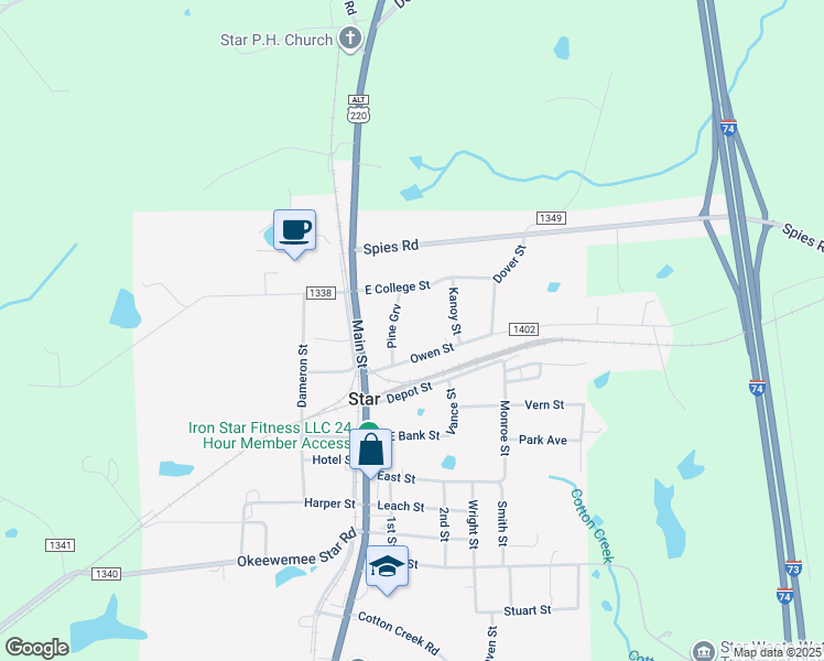 map of restaurants, bars, coffee shops, grocery stores, and more near 134 Owen Street in Star