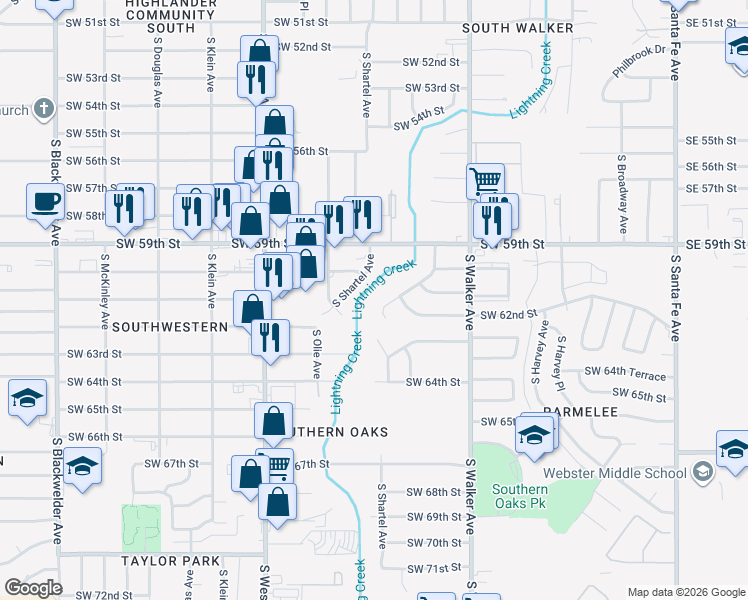 map of restaurants, bars, coffee shops, grocery stores, and more near 6313 South Dewey Avenue in Oklahoma City