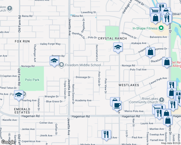 map of restaurants, bars, coffee shops, grocery stores, and more near 10909 Bellfounder Drive in Bakersfield