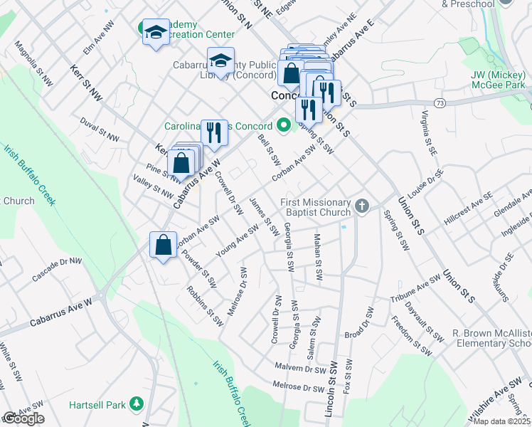 map of restaurants, bars, coffee shops, grocery stores, and more near 89 James Street Southwest in Concord