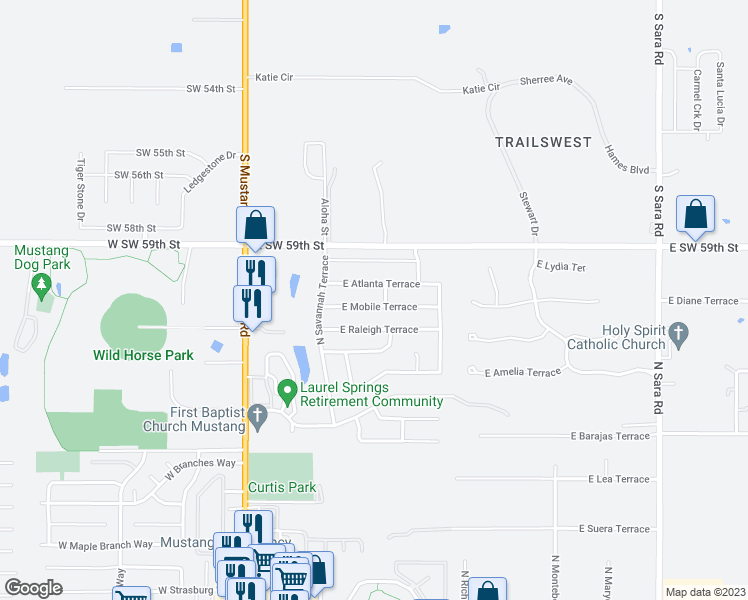 map of restaurants, bars, coffee shops, grocery stores, and more near 317 East Mobile Terrace in Mustang