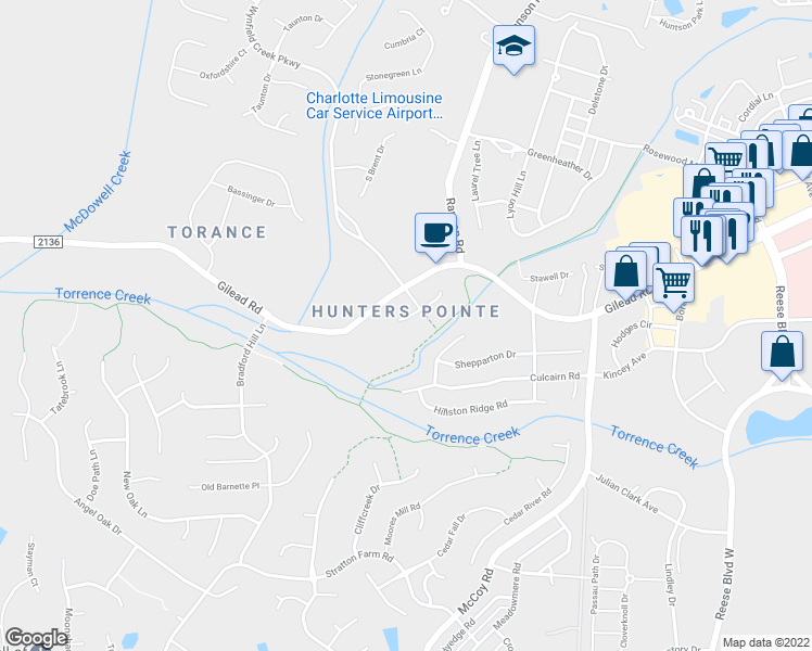 map of restaurants, bars, coffee shops, grocery stores, and more near 8910 Hunters Pointe Drive in Huntersville