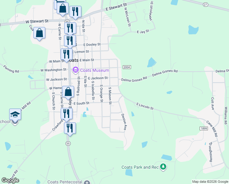map of restaurants, bars, coffee shops, grocery stores, and more near 349 E Parrish St in Coats