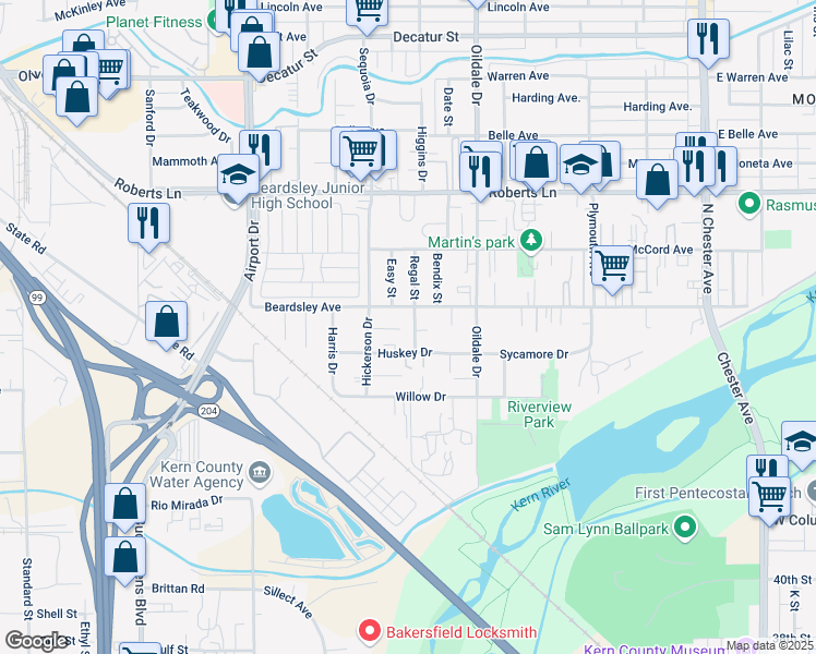 map of restaurants, bars, coffee shops, grocery stores, and more near 110 Regal Street in Bakersfield