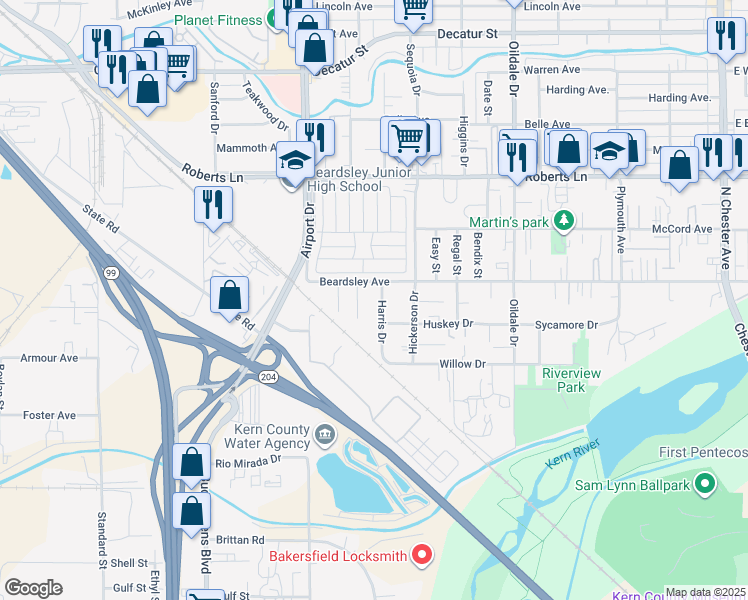 map of restaurants, bars, coffee shops, grocery stores, and more near 112 1/2 Harris Drive in Bakersfield