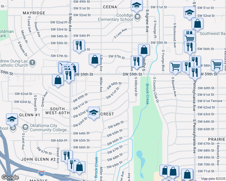 map of restaurants, bars, coffee shops, grocery stores, and more near 2630 Southwest 60th Street in Oklahoma City