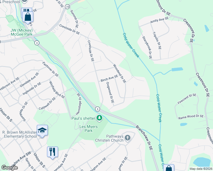 map of restaurants, bars, coffee shops, grocery stores, and more near 572 Dogwood Street Southeast in Concord