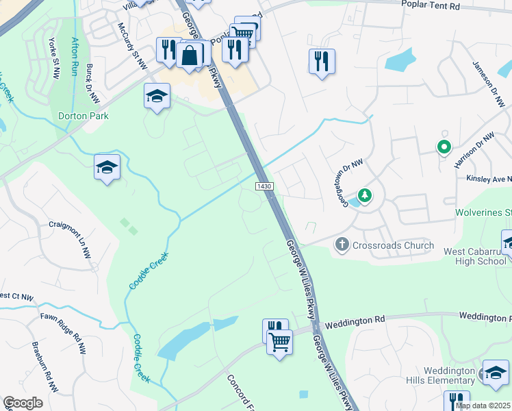 map of restaurants, bars, coffee shops, grocery stores, and more near 5020 Avent Drive Northwest in Concord