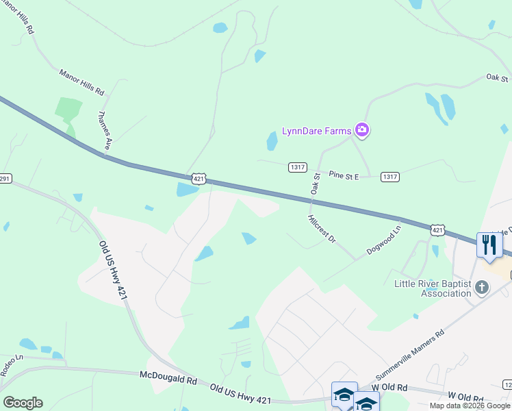 map of restaurants, bars, coffee shops, grocery stores, and more near 1555 U.S. 421 in Lillington