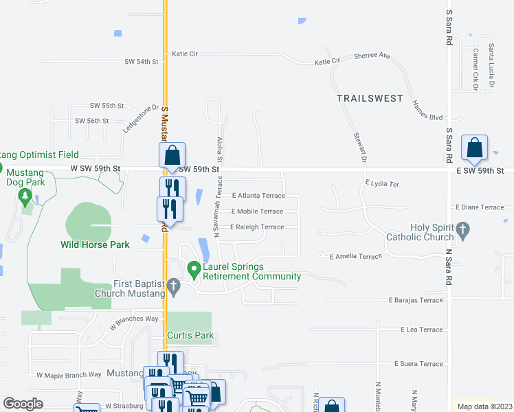 map of restaurants, bars, coffee shops, grocery stores, and more near 321 East Mobile Terrace in Mustang