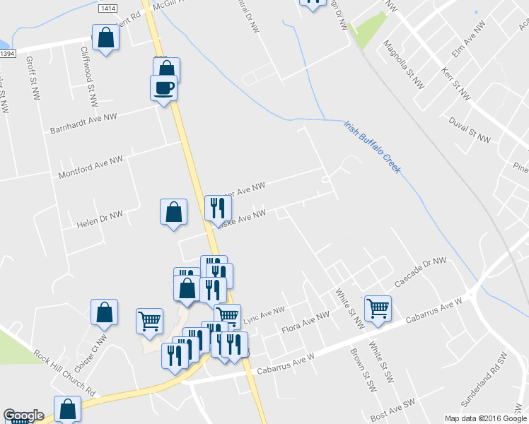 map of restaurants, bars, coffee shops, grocery stores, and more near Liske Avenue Northwest in Concord