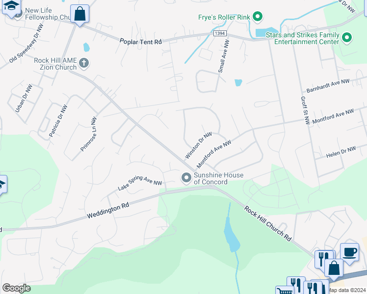 map of restaurants, bars, coffee shops, grocery stores, and more near 716 Springfield Drive Northwest in Concord