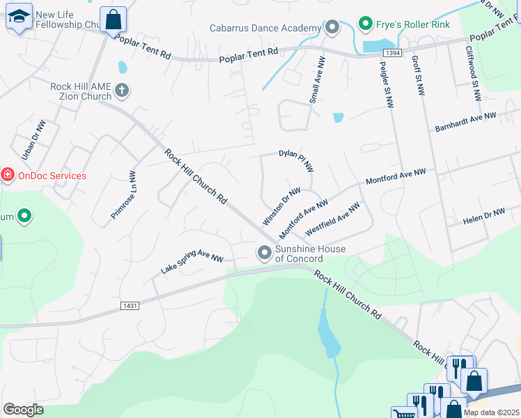 map of restaurants, bars, coffee shops, grocery stores, and more near 716 Springfield Drive Northwest in Concord