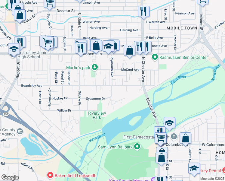map of restaurants, bars, coffee shops, grocery stores, and more near 116 Plymouth Avenue in Bakersfield