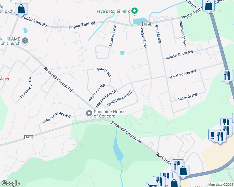 map of restaurants, bars, coffee shops, grocery stores, and more near 2906 Montford Avenue Northwest in Concord