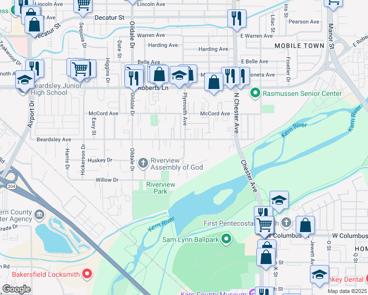 map of restaurants, bars, coffee shops, grocery stores, and more near 114 South Plymouth Avenue in Bakersfield