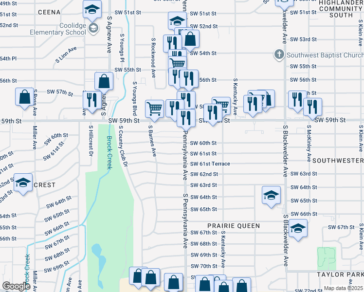 map of restaurants, bars, coffee shops, grocery stores, and more near 2100 Southwest 60th Street in Oklahoma City