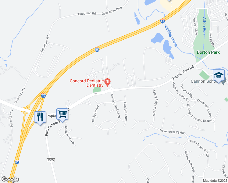 map of restaurants, bars, coffee shops, grocery stores, and more near 6565 Poplar Tent Road in Concord