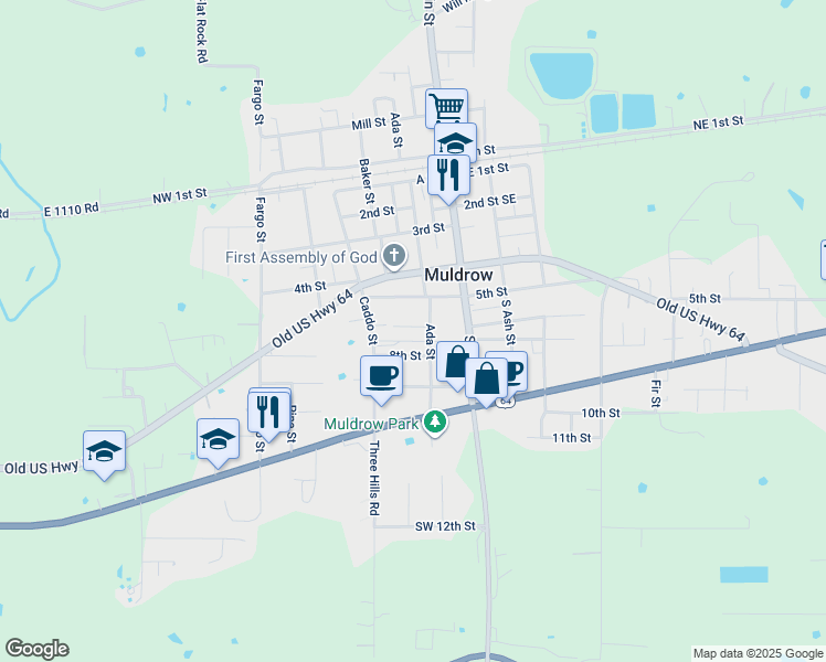 map of restaurants, bars, coffee shops, grocery stores, and more near 206 6th Street in Muldrow