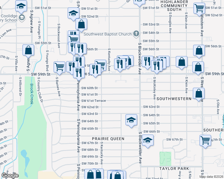 map of restaurants, bars, coffee shops, grocery stores, and more near 1432 Southwest 60th Street in Oklahoma City