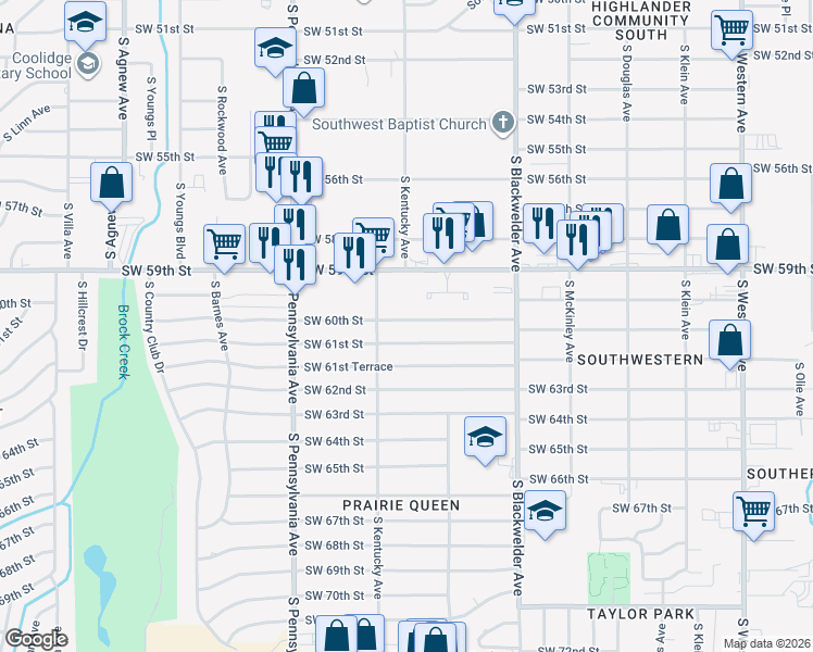 map of restaurants, bars, coffee shops, grocery stores, and more near 1432 Southwest 60th Street in Oklahoma City