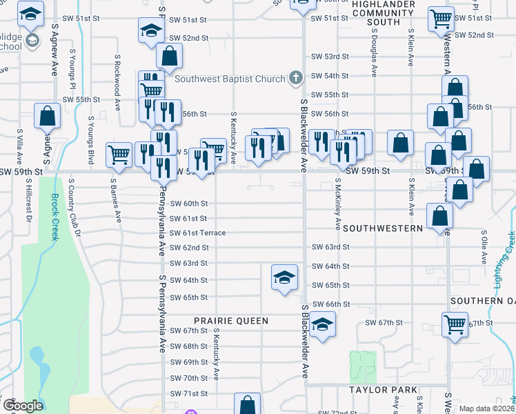 map of restaurants, bars, coffee shops, grocery stores, and more near 1400 Southwest 60th Street in Oklahoma City