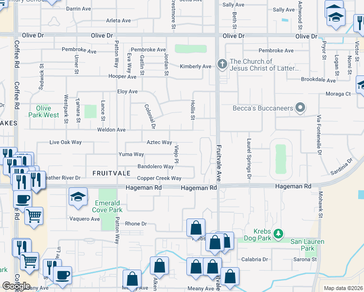 map of restaurants, bars, coffee shops, grocery stores, and more near 6921 Aztec Way in Bakersfield