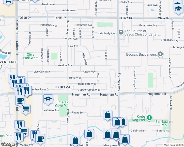 map of restaurants, bars, coffee shops, grocery stores, and more near 7105 Aztec Way in Bakersfield