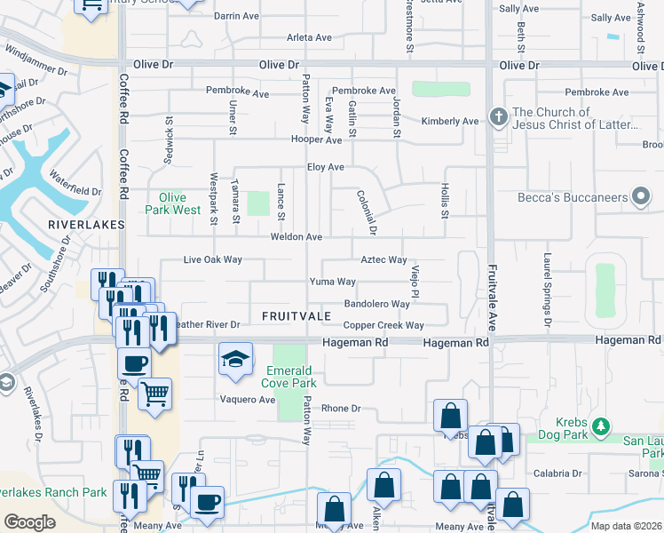 map of restaurants, bars, coffee shops, grocery stores, and more near 7213 Aztec Way in Bakersfield