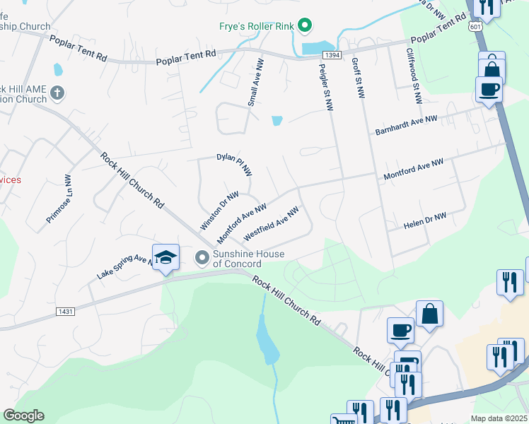 map of restaurants, bars, coffee shops, grocery stores, and more near 2906 Montford Avenue Northwest in Concord