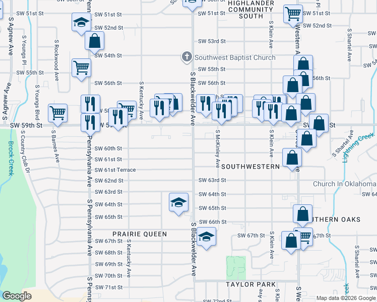 map of restaurants, bars, coffee shops, grocery stores, and more near 6114 South Blackwelder Avenue in Oklahoma City