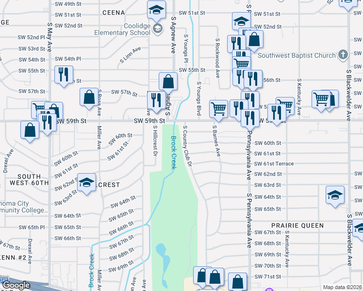 map of restaurants, bars, coffee shops, grocery stores, and more near 6101 South Country Club Drive in Oklahoma City