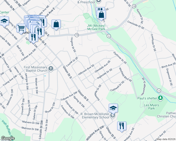 map of restaurants, bars, coffee shops, grocery stores, and more near 88 Hillcrest Avenue Southeast in Concord