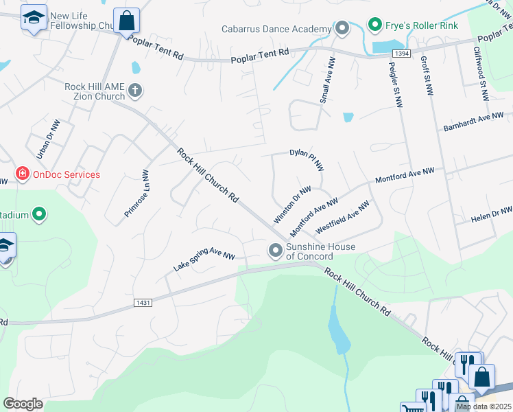 map of restaurants, bars, coffee shops, grocery stores, and more near 3224 Rock Hill Church Road in Concord