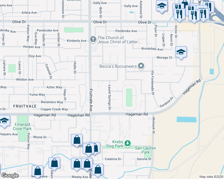 map of restaurants, bars, coffee shops, grocery stores, and more near 4900 Laurel Springs Drive in Bakersfield