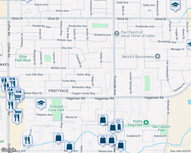 map of restaurants, bars, coffee shops, grocery stores, and more near 6921 Aztec Way in Bakersfield