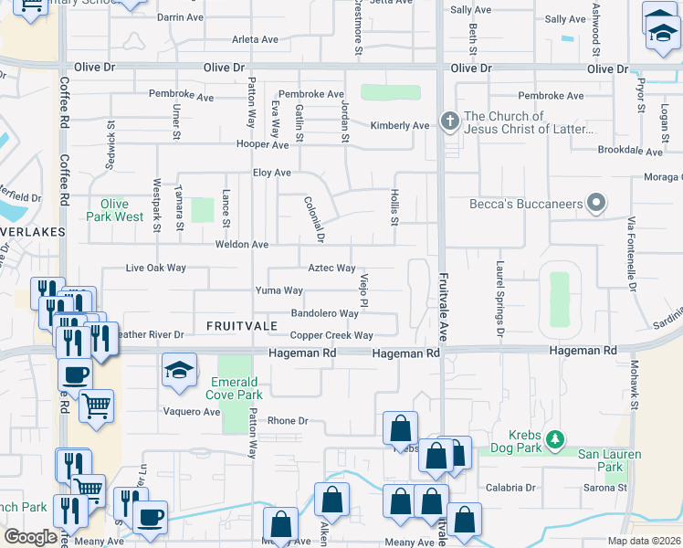 map of restaurants, bars, coffee shops, grocery stores, and more near 7105 Aztec Way in Bakersfield
