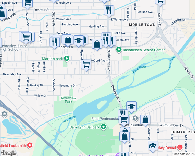 map of restaurants, bars, coffee shops, grocery stores, and more near 115 Beardsley Avenue in Bakersfield