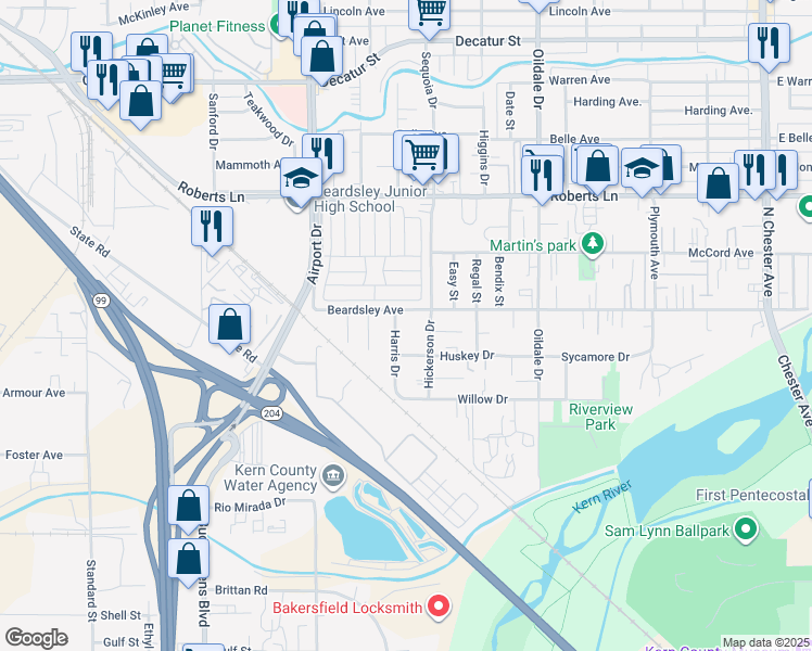 map of restaurants, bars, coffee shops, grocery stores, and more near 112 1/2 Harris Drive in Bakersfield