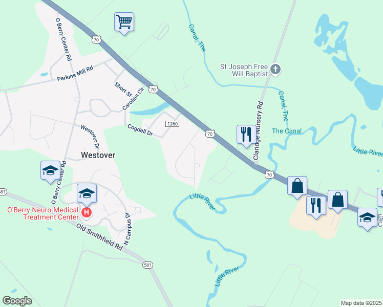 map of restaurants, bars, coffee shops, grocery stores, and more near 103 East Westwood Drive in Goldsboro