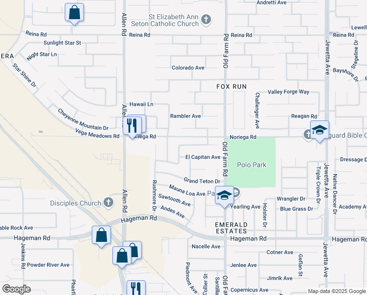 map of restaurants, bars, coffee shops, grocery stores, and more near 12409 Adirondack Avenue in Bakersfield