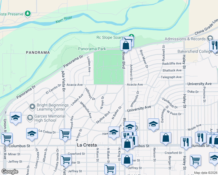 map of restaurants, bars, coffee shops, grocery stores, and more near 3151 North Inyo Street in Bakersfield