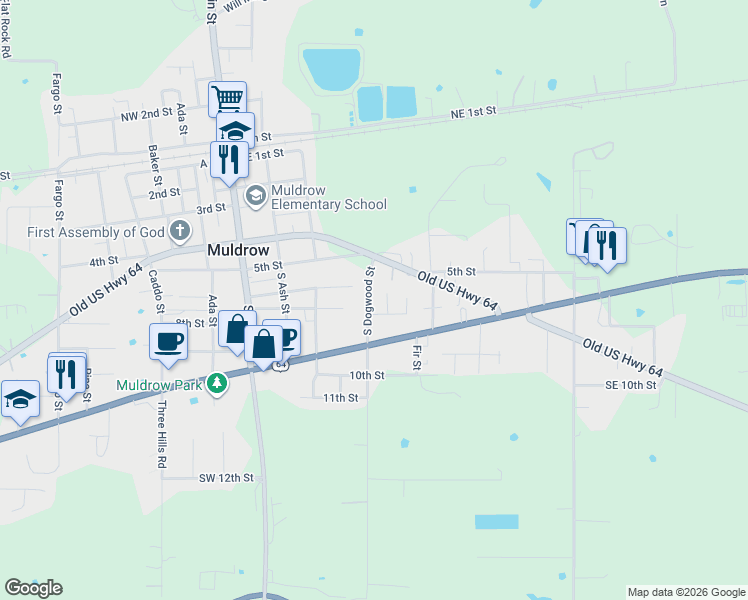 map of restaurants, bars, coffee shops, grocery stores, and more near 507 South Dogwood Street in Muldrow