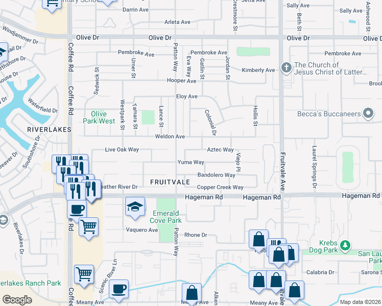 map of restaurants, bars, coffee shops, grocery stores, and more near 7213 Aztec Way in Bakersfield